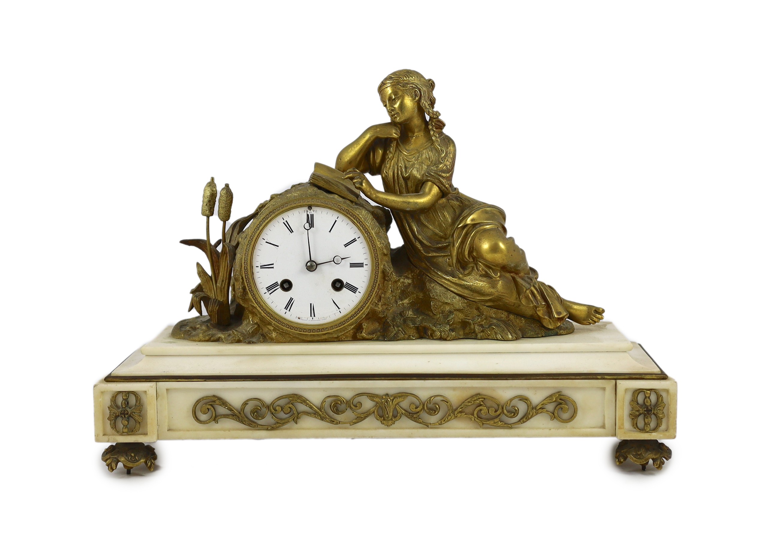 A. Brocot & Delettrez of Paris. A 19th century French white marble and ormolu mantel clock, 40cm wide 14cm deep 28cm high